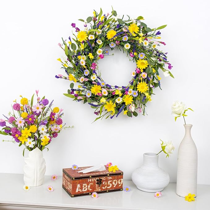 LLZLL Spring Decorations for Home 22" Spring Wreath Artificial Summer Wreaths with Eucalyptus Leaf Lavender and Daisy for Easter Indoor Outdoor Home Festival Celebrations