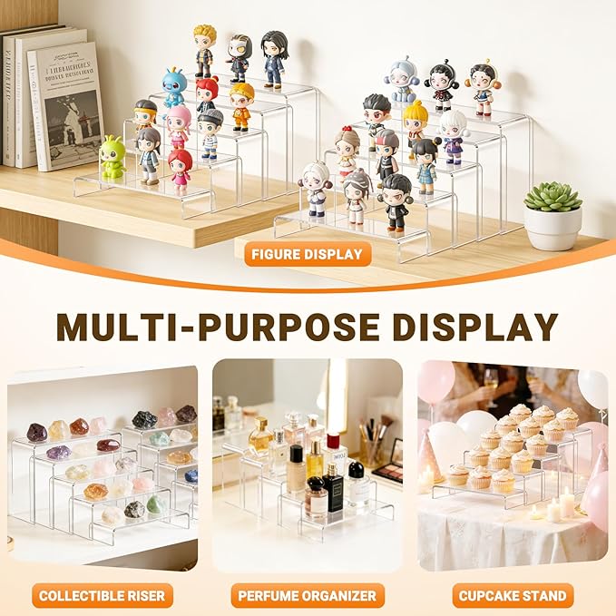 FUNFERY Acrylic Display Risers, 2 Set(7.8" L~8.2" L~8.6" L~9”L~9.3”L) Display Shelf for Figure, Collectibles, Cupcake, 5-Tier Clear Acrylic Stands for Dessert, Jewelry, Candy Showcase