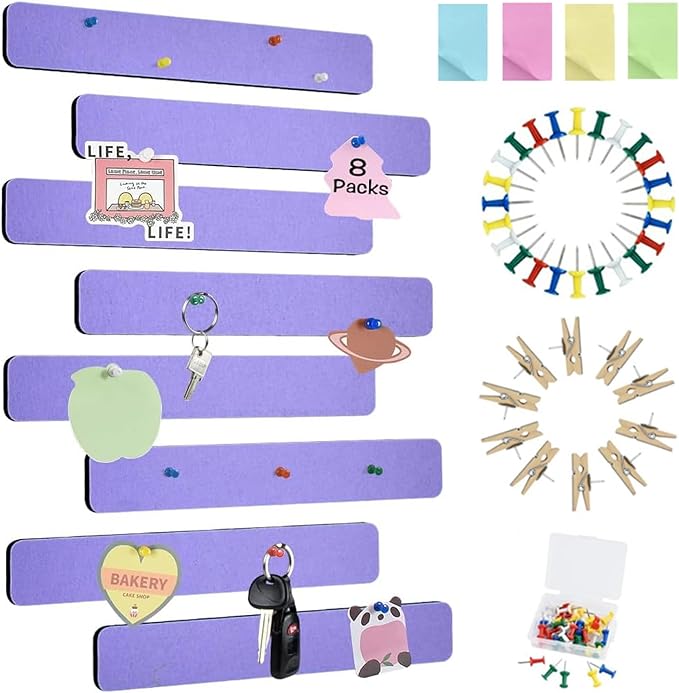 Vuzvuv 8 pcs Bulletin Board Bar Strips with 50 Pushpins & 10 Wooden Clip pins，Self Adhesive Cork Board for Wall，Felt Pin Board for School，Office Decor(Medium Purple)