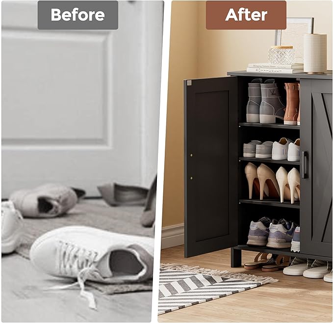 Farmhouse Shoe Cabinet with 2 Barn Doors & Wood Legs, 5-Tier Shoe Storage Cabinet with 3 Adjustable Shelves, Tall Shoe Rack Organizer for Closet, Shoe Organizer for Entryway, Hallway, Black