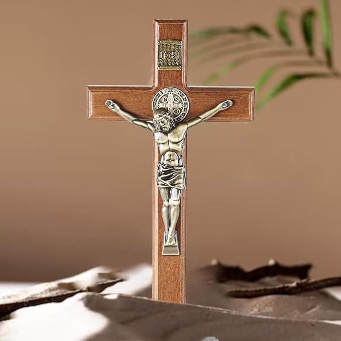 ACHIBANG 10.7" Wooden Standing Crucifix, Two-Way Catholic Jesus Cross Stand for Wall or Tabletop, Solid Faith Decor for Home