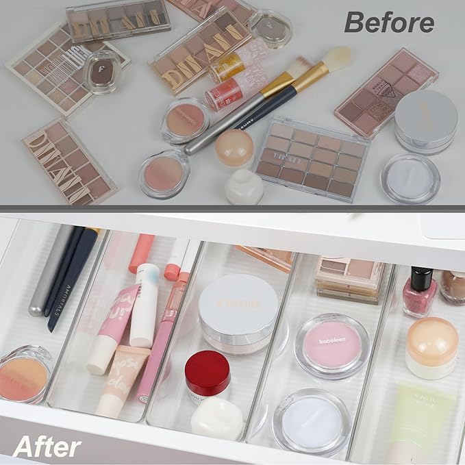 Clear Drawer Organizer Bins Set, Transparent Rectangle Trays, Dresser Bathroom Makeup Vanity Organization and Storage Bins Office Desk Drawer Dividers Organizers (5pc - 12×3×2")