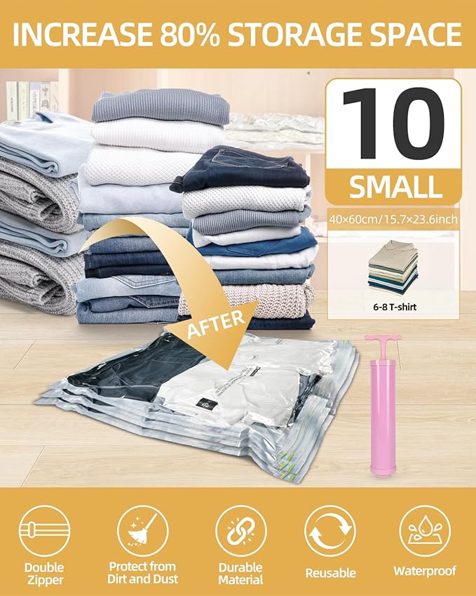 Vacuum Storage Bags for moving, Vacuum Seal Bags for Memory Foam, Latex, Clothing & Bedding, Space Saver Bags (10 Small)