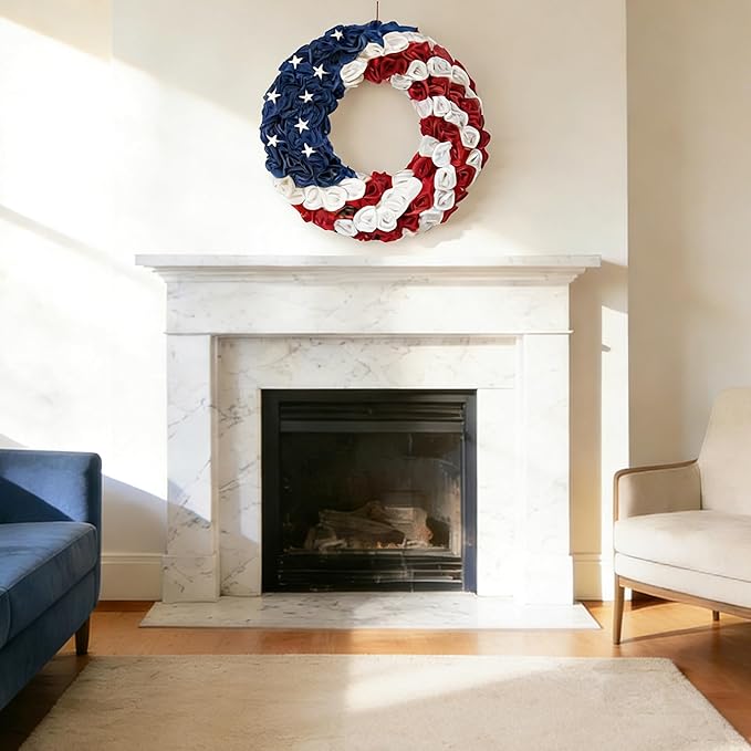 Idyllic 20 Inch Patriotic Wreath for Front Door, 4th of July Wreath with Red White Blue Silk Roses & Metal Stars, Memorial Day Day Decorations for Home Wall Porch Window