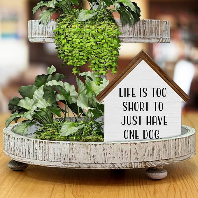 Gifts for Dog Lovers, Life is Too Short to Just Have One Dog, Rustic House Shaped Wooden Block Sign, Pet Home Decor for Desk Table Shelf