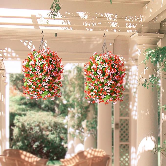 INQCMY Artificial Hanging Flowers Decoration, 4pcs Fake Floral Basket Plants for Outdoor Porch, Faux Shrubs Home Spring Decor UV Resistant Potted Violets for Outside Garden No Fade