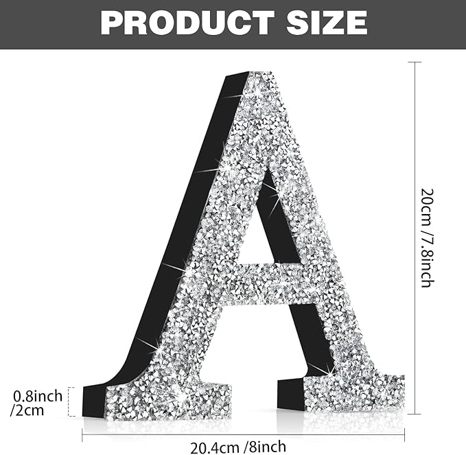 Qunclay 8'' Silver Crystal Diamond Bling Letters Crushed Diamond Decoration Wooden Glitter Letter with Screw and Hooks Rhinestone Gift for Wedding Y2k Mcbling Bedroom Wall Decor (Letter A)