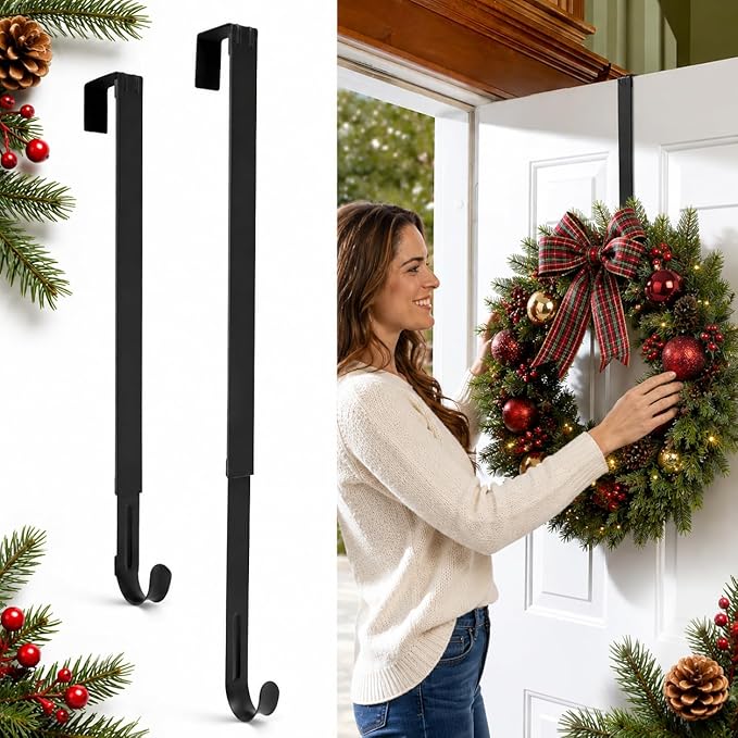HappyFiller Wreath Hanger for Front Door, 15-25" Adjustable Heavy Duty Metal Hook Holds up to 20 lbs, Large Over the Door Wreath Holder for Christmas, Fall, Halloween Decorations & Home Decor (Black)