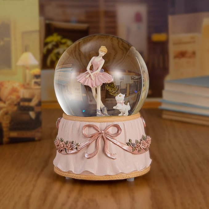 Ballerina Snow Globe for Girl's Birthday, Rotating and Mechanical Real Glass Snowglobe Gift for Adult Women, Wife, Daughter and Granddaughter, with Music Greensleeves, Gift Box Packed