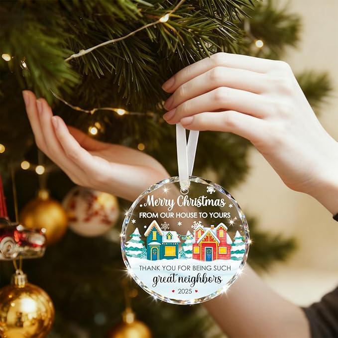 Neighbor Stained Glass Christmas Ornaments 2025,2.8 * 2.8 * 0.2inch Neighbor Gifts for Christmas Tree,Hanging Ornaments