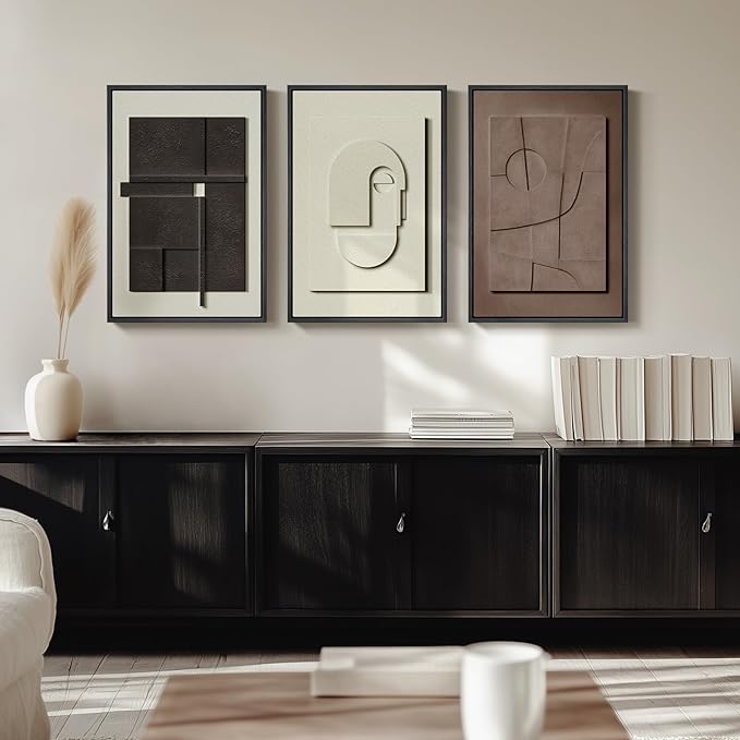 3D Textured Framed Abstract Wall Art, 3 Piece Modern Paintings Artwork for Walls, Black White Brown Geometric Sandstone Texture Pictures for Living Room Dining Room Bedroom Office Wall Decor 16x24 In