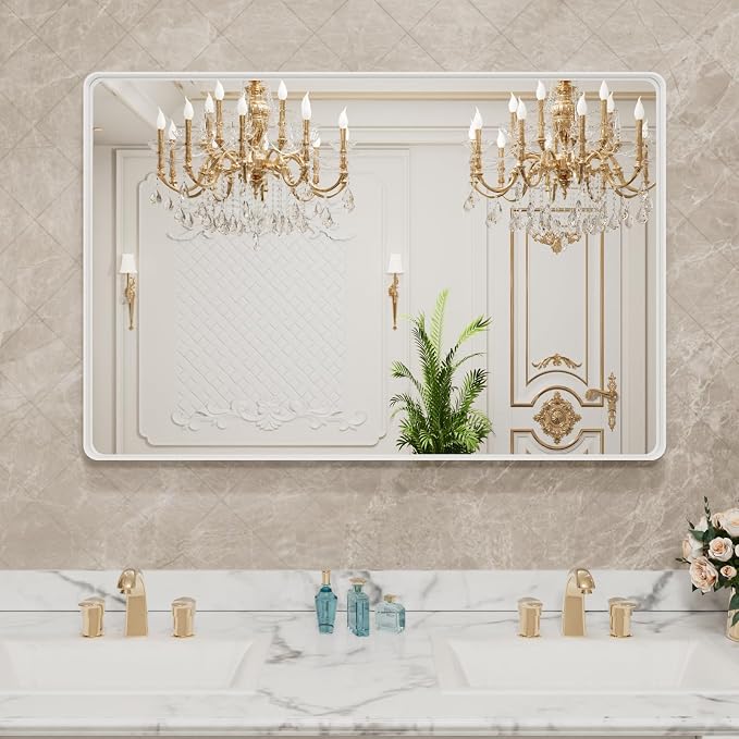 LOAAO 48x32 Inch White Metal Framed Bathroom Mirror for Wall, White Bathroom Vanity Mirror Farmhouse, Large Rounded Rectangle Mirror, Anti-Rust, Tempered Glass, Hangs Horizontally or Vertically