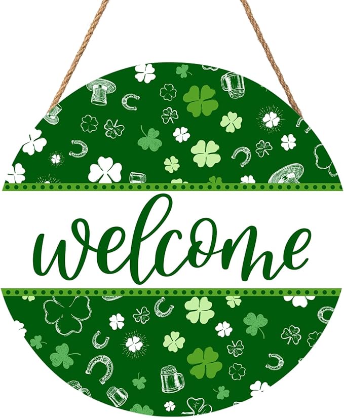St Patricks Day Welcome Door Decoration for Home Welcome Shamrock Wreath Sign for Front Door St Patricks Day Outdoor Decorations Hanging Wooden Sign for Home Proch Spring Farmhouse 12x12 Inch