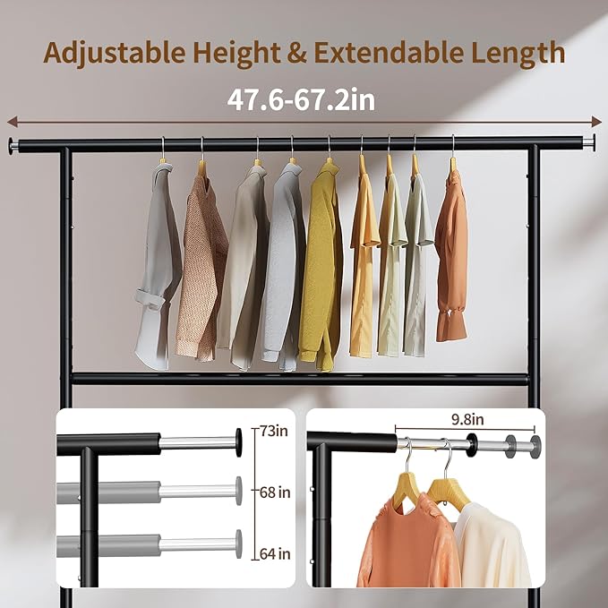 Luxspire Heavy Duty Clothes Rack Load 600 LBS, Double Rod Clothing Rack, Rolling Garment Racks with Lockable Wheels, Shelves, Adjustable Laundry Hanging Racks for Clothes, Black