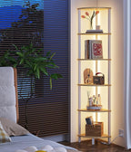 VIMBER 6-Tier Corner Shelf with LED Light, Industrial Corner Ladder Shelf, Rustic Display Shelf for Living Room, Bedroom, Kitchen, Home Office, Sturdy Frame, White and Nature Wood Color UJSJ002Q