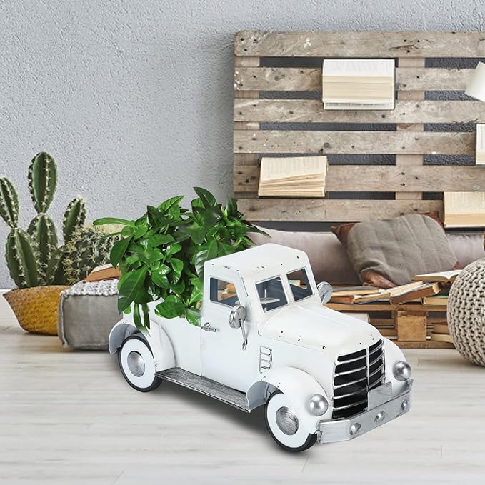 Farmhouse White Truck Decor, Vintage Farm Metal Trucks Decors, Rustic Outdoor Pickup Truck Planter, Indoor Decorative Tabletop Storage, Car Model Gift