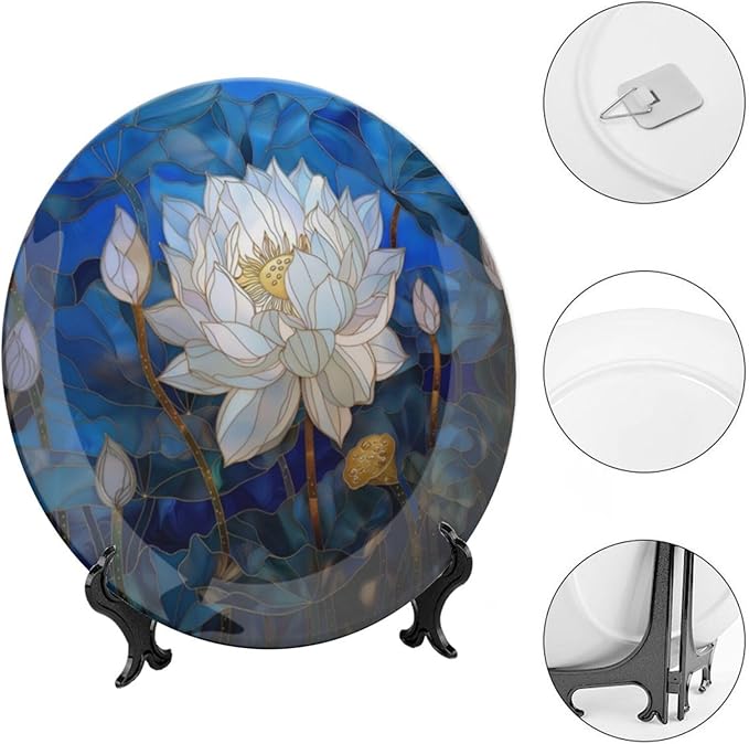 Stained Glass Theme Decorative Ceramic Plate Round Porcelain Plate,7 inch,Flowers in The Pond Pattern,for Decorative Ornaments Giving Plates, 1 Plate with 1 Display Stand,Blue White