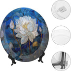 Stained Glass Theme Decorative Ceramic Plate Round Porcelain Plate,10 inch,Flowers in The Pond Pattern,for Decorative Ornaments Giving Plates, 1 Plate with 1 Display Stand,Blue White
