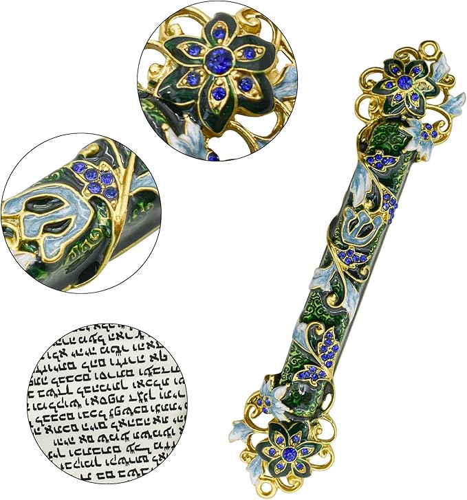 Mezuzah with Scroll for Door, Enamel&Zinc Alloy Blessing Mezuzah Case for Door, Colored Painted Mezuzha Scroll Kosher for Jewish Gifts/Jewish Decor, Christmas (Dark Green, 1.37x5.98 in)