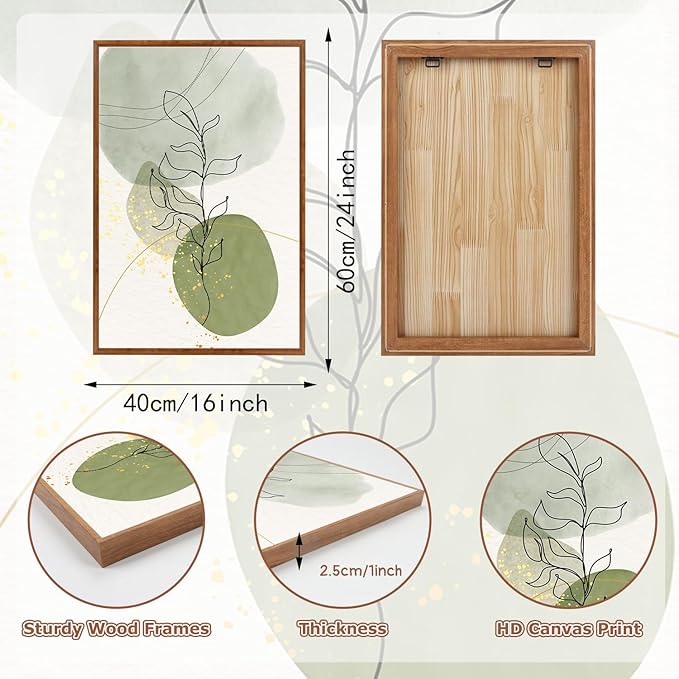 KAlRNE Boho Botanical Framed Canvas Wall Art Set of 3(16”X24”),Abstract Sage Green Wall Decor,Minimalist Watercolor Picture,Modern Geometric Black Line Art Prints For Living Room Bedroom Office