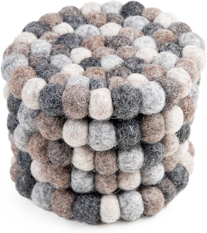 Round Felt Ball Coasters - 100% Merino Wool Table Coasters - Felt Coaster Pads, Absorbent Trivet for Drinks - Heat Resistant, Thick & Durable Hand Felted - Woolygon - Multicolor Set of 5 (Pebbles)