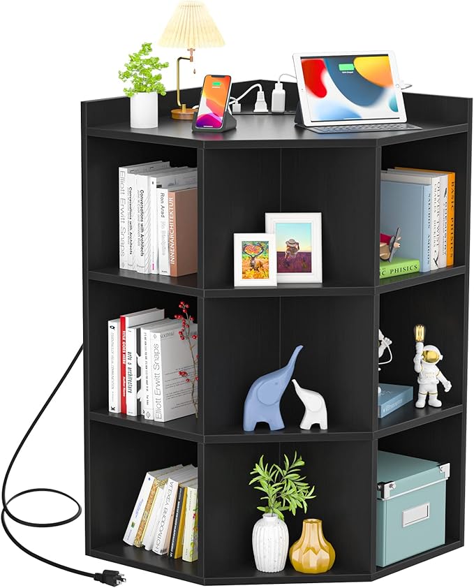 Aheaplus Corner Cabinet, Black Corner Storage with USB Ports and Outlets, Corner Cube Toy Storage for Small Space, Wooden Cubby Corners Bookshelf with 9 Cubes for Playroom, Bedroom, Living Room, Black