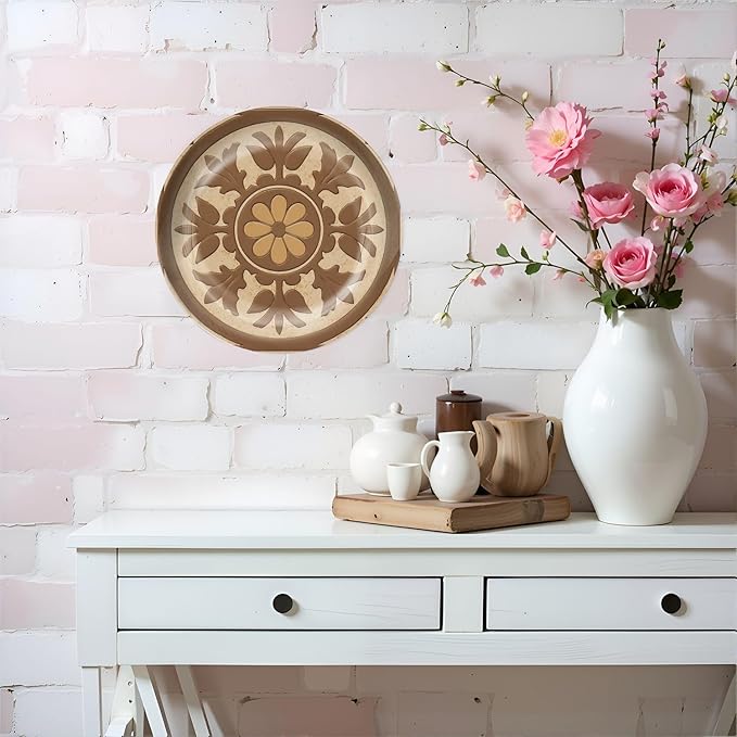 HABEN ARTWORK 10" Ceramic Plates for Display Geometric Floral Brown Tan Tones Decorative Tile Decorative Plate with Stand and Hook for Kitchen Dining Room Wall Hanging Decor