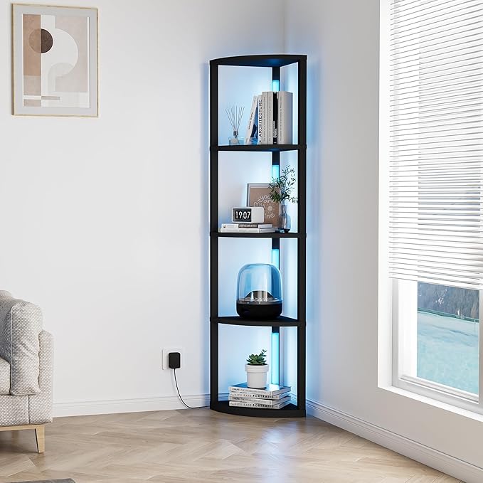 VILICK Corner Shelf with Light 5 Tier Tall Standing Shelf Dimmable Corner Floor Lamp with Shelves LED Corner Bookshelf Display Cabinet Shelf for Living Room, Bedroom, Home Decor