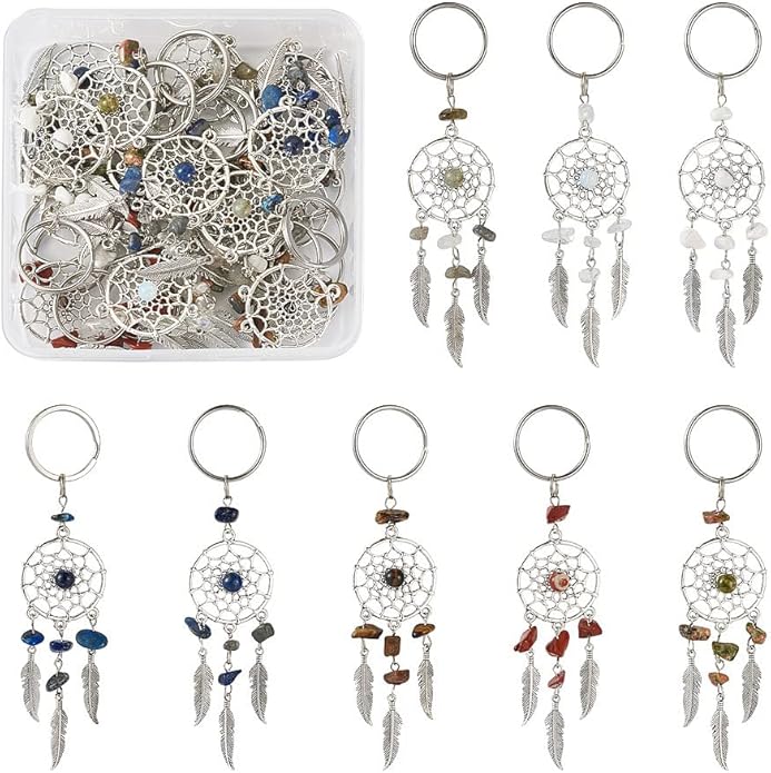 Pandahall 16Pcs Dream Catcher Crystal Charms for Keychains, Antique Silver Bohemia Net Feather Filigree Charms Hanging Ornament Decor for Car Keying Hanging Decoration Birthday Gifts