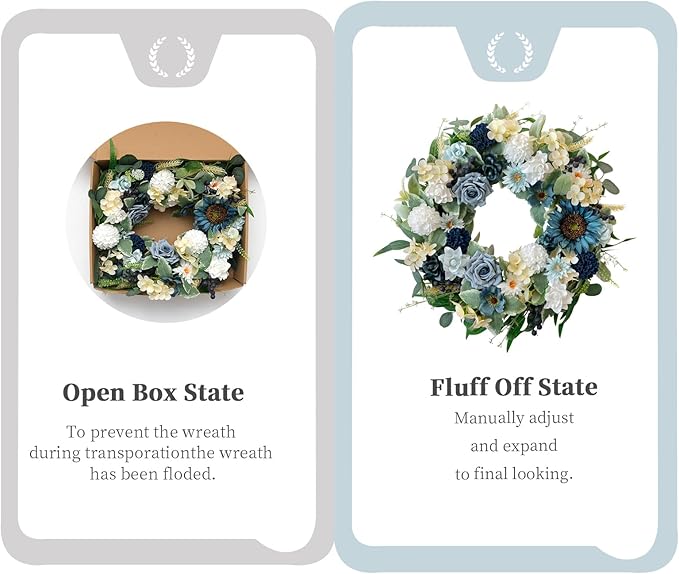 22" Spring Flower Wreath for Front Door Summer Wreaths with Sunflowers Roses Gardenias, Artificial Floral Green Foliage Wreath for Wall Window Farmhouse Party Holiday Home Decor（White Blue）