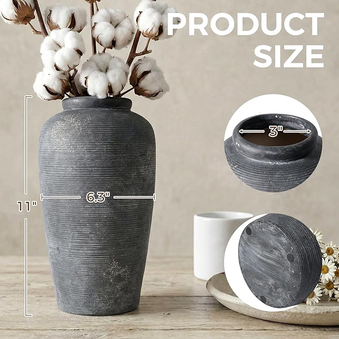Rustic Distressed Ceramic Threaded Vase, 11"H Handmade Wabi Sabi Decor Vase (Deep Charcoal with Light Gray Weathering and Wheat Beige Patches) for Living Room Table Centerpieces, Entryway & Fireplace