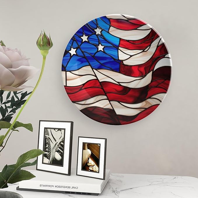 Blue Red USA Flag Stained Glass Painting Decorative Plates Home Decor Ceramic Plates, Dinner Plates Display for Living Room, Kitchen, Hallway Console Side Table, Presents for Patriotic, 8 Inch