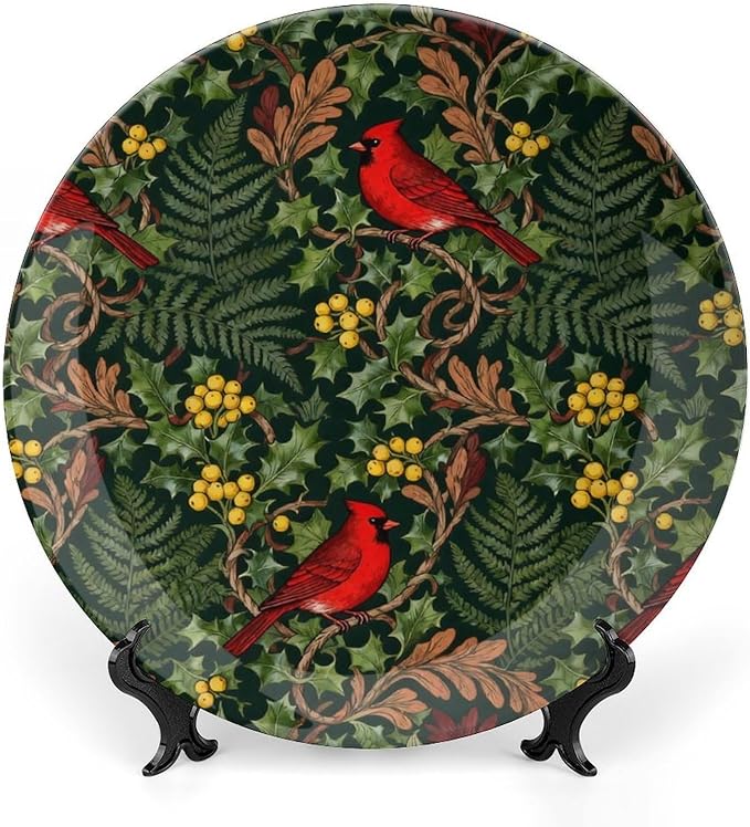 Custom Gifts Fashion Plates, William Morris Style Forest Christmas Holly Cardinals Hand-Painted Ceramic Decorative Plates Home with Display Stand, Funny Decor for Display Table Wall, 6", 7", 8", 10"
