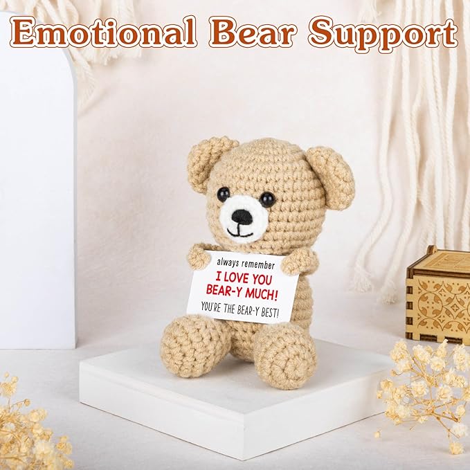 WELLBANEE Mini Crochet Bear Gifts for Her Him, Wife Husband Girlfriend Boyfriend I Love You Gift, Crochet Stuffed Animal, Anniversary Birthday Gifts, Handmade Bear Small Stuff Things