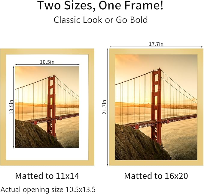 16x20 Picture Frame Gold Set of 3, Display Pictures 11x14 with Mat or 16 x 20 Without Mat, Poster Frames 16x20 for Wall Hanging Horizontal and Vertical