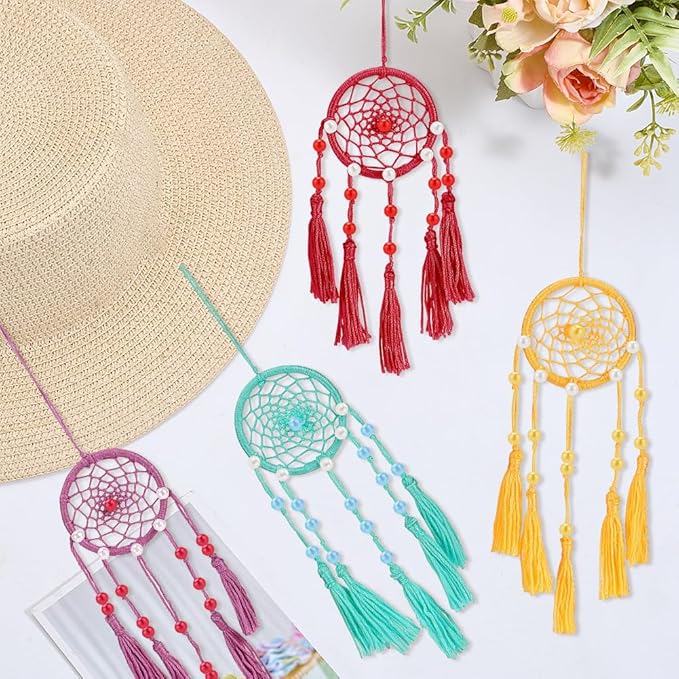 INFUNLY 15 Set DIY Small Dream Catcher Kit Rainbow Colors Round Mini Dream Catcher Kit Handmade Dreamcatcher Kit with Instructions Boho Hanging Ornament Making Kit for Bedroom Car Mirror Keychain Bag