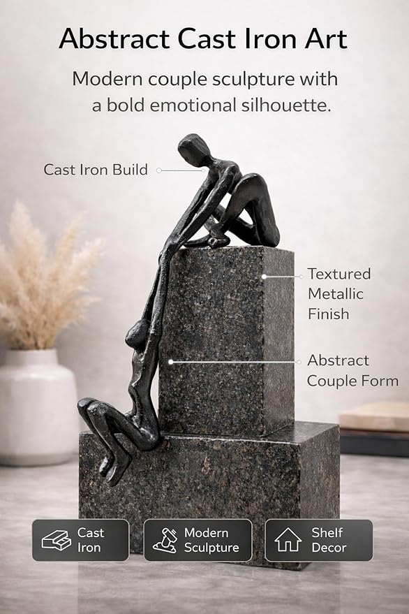 Industrial Abstract Cast Iron Art Sculpture Couple - Man Lifting Woman from Ledge - Modern Love Gift for Couples Cast Iron Shelf Decor for Home, Farmhouse, Bedroom, Living Room