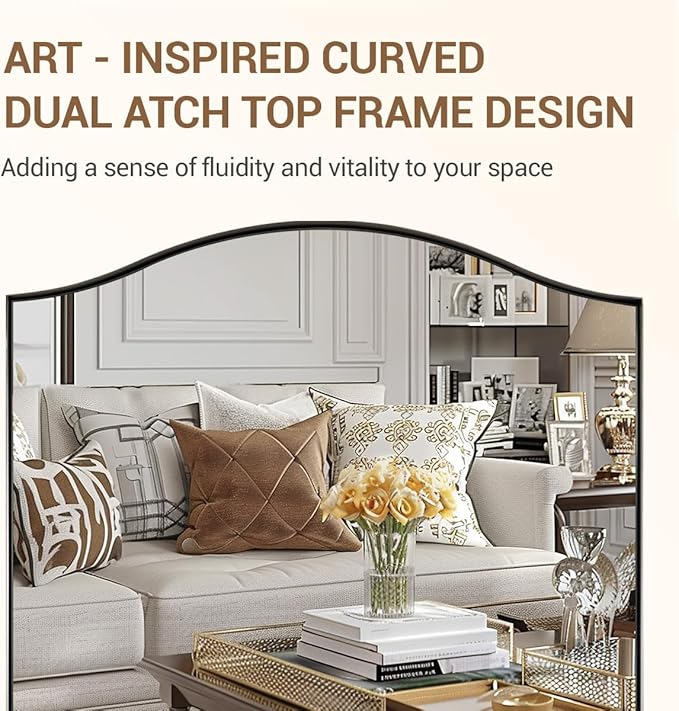 ANDY STAR Rectangle Scalloped Mirror, 24"x40" Brushed Nickel Bathroom Mirror in SUS304 Stainless Steel Metal Frame, Silver Vanity Mirror with Unique Arched Top Design