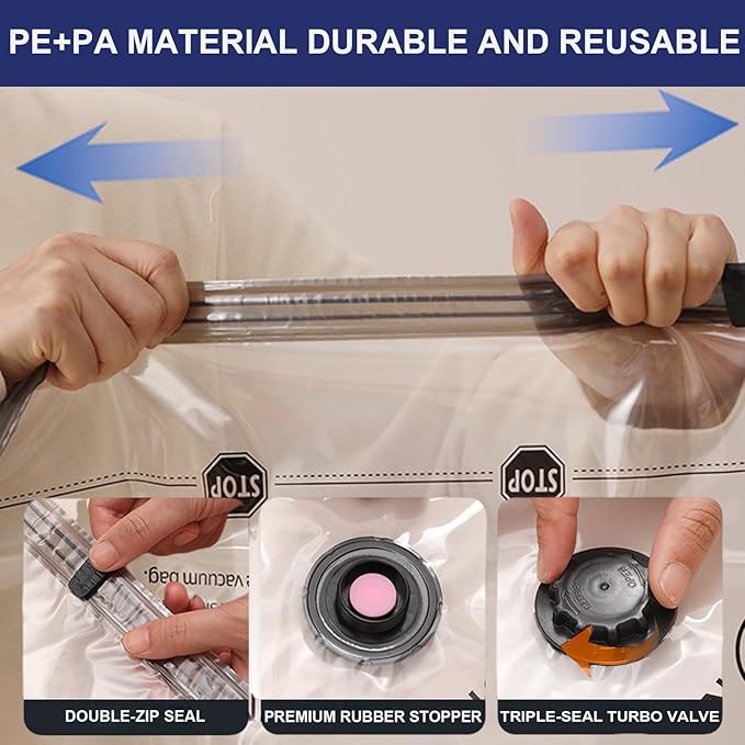 6 Pack Vacuum Storage Bag with Hand Pum,Space Saver Bags(2 jumbo,2 medium,2 small) Compression Packing Bags,Vacuum Seal Bags for Clothes Travel Bedding Blanket Pillows Comforters