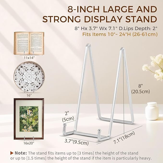 Plate Holder Easel Display Stand - 8 inch Metal Plate Stands for Display - Tabletop Picture Stand - Silver Iron Easels for Display Pictures | Photo Frames | Book | Decorative Plates | Plaque -2 Pack