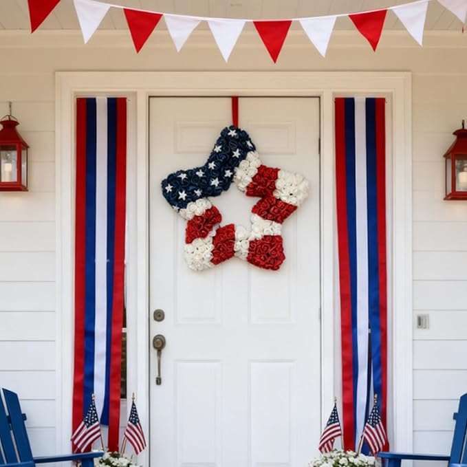 18 Inch Patriotic Red White Blue Large Star Shape Flower Wreath for Front Door, Forth of July American Flag Color Soft Touch Floral Wreath for Indoor and Outdoor, Independence Day Home Decor