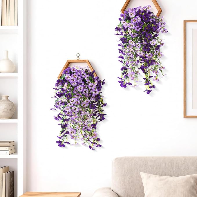 Fake Artificial Flowers for Outdoors, 4 Pcs Faux Hanging Pansy Flowers Spring Summer Decor, UV Resistant Fake Plants Silk Flower for Planter Front Door Porch Patio Yard Garden(Gradient Double Purple)