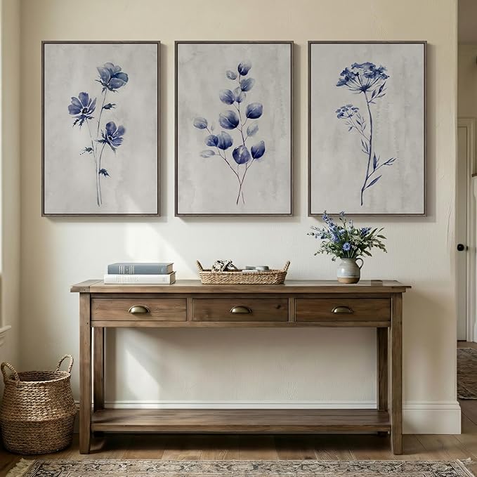 Framed Boho Floral Wall Art for Living Room, 3 Piece Blue Minimalist Botanical Canvas Painting Prints, Modern Rustic Watercolor Flower Plants Artwork for Bedroom Dining Room Office Wall decor, 24x36