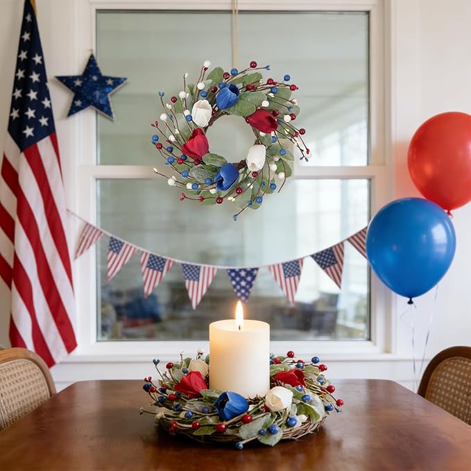 6 Pcs Red White and Blue Patriotic Wreaths, 9 Inch with Sage Green Lamb's Ear, Berry Stems & Tulips | 4th of July Memorial Day Front Door Decor