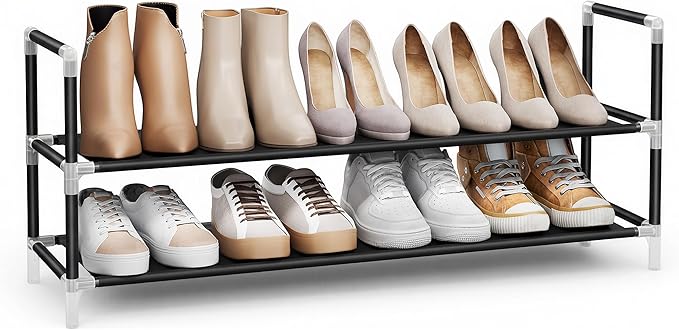 SONGMICS 2-Tier Shoe Rack, Shoe Storage for Hallway Closet, Slim and Space-Saving, Metal Frame, Non-Woven Fabric Shelves, Black ULSH052B01