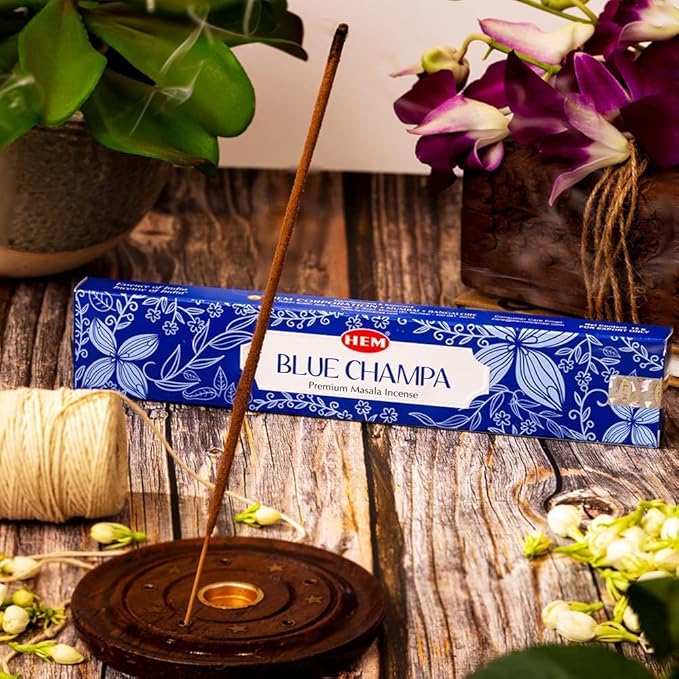 HEM Premium Blue Champa Masala Incense Sticks | Pure Herbs, Wood Powder | Aromatherapy Incense for Stress Relief, Air Purifier & Cleansing | Gift Set - Pack of 12 (15 GMS Each)