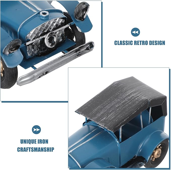 Vintage Metal Classic Car Model, Retro Automobile Figurine, Blue Antique Vehicle Ornaments Rustic Decor for Office Shelf Display