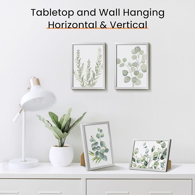 upsimples 5x7 Picture Frame Set of 3, Made of High Definition Glass for 5 x 7 Silver Frames, Wall and Tabletop Display Thin Border Photo Frame for Home Décor