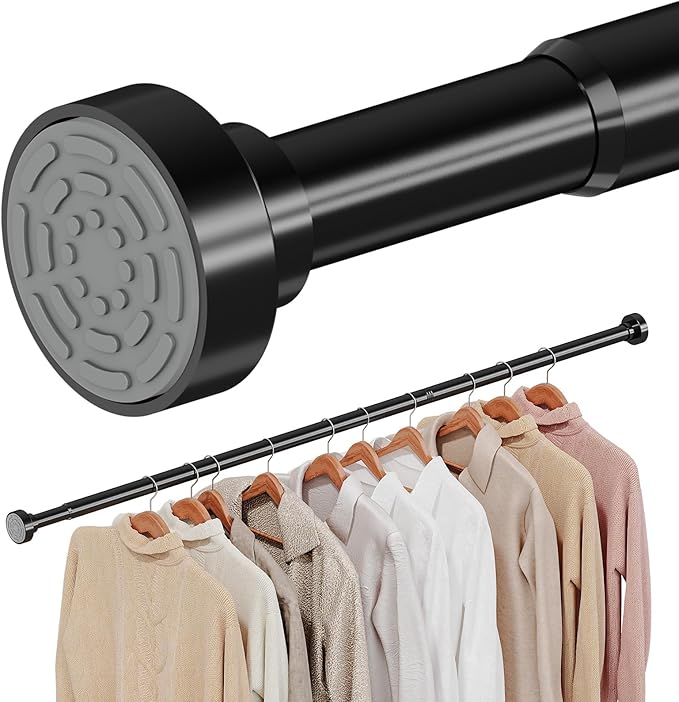No Drilling Closet Rods for Hanging Clothes, Non Slip Tension Rod with Heavy Duty Clothes Hanging Rod, 17-84 Inches Adjustable Spring Closet Rod for Closet Wardrobe Bathroom Laundry RV, Black