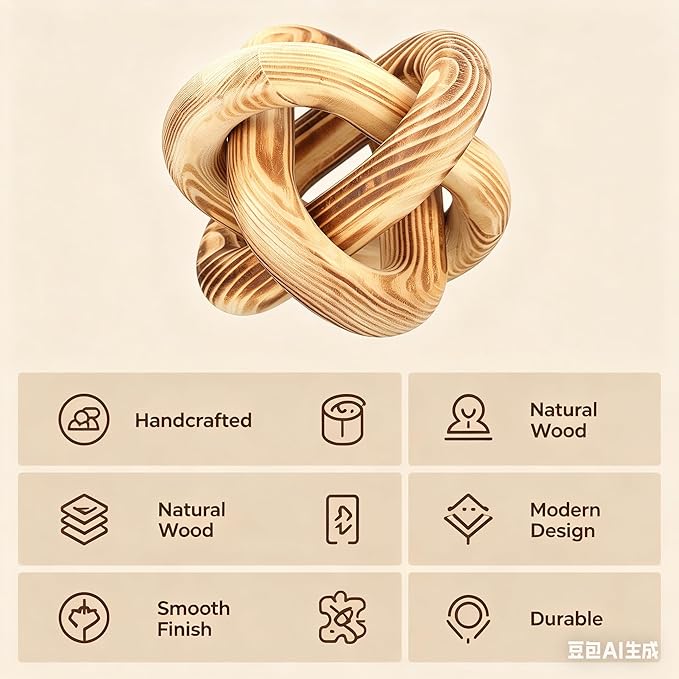 Wood Knot Chain Link Decor - 3 Link Boho Wooden Hand Carved Decorative Wooden Links Knots for Coffee Table Entryway Modern Farmhouse Shelf Decoration (Burn Color)